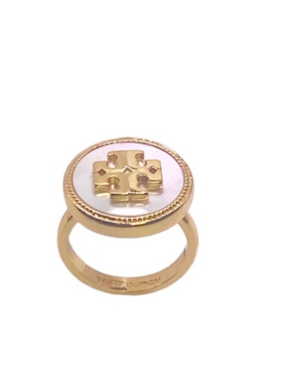 Tory Burch Gold and Mother Of Pearl  Logo Ring Sz. 8